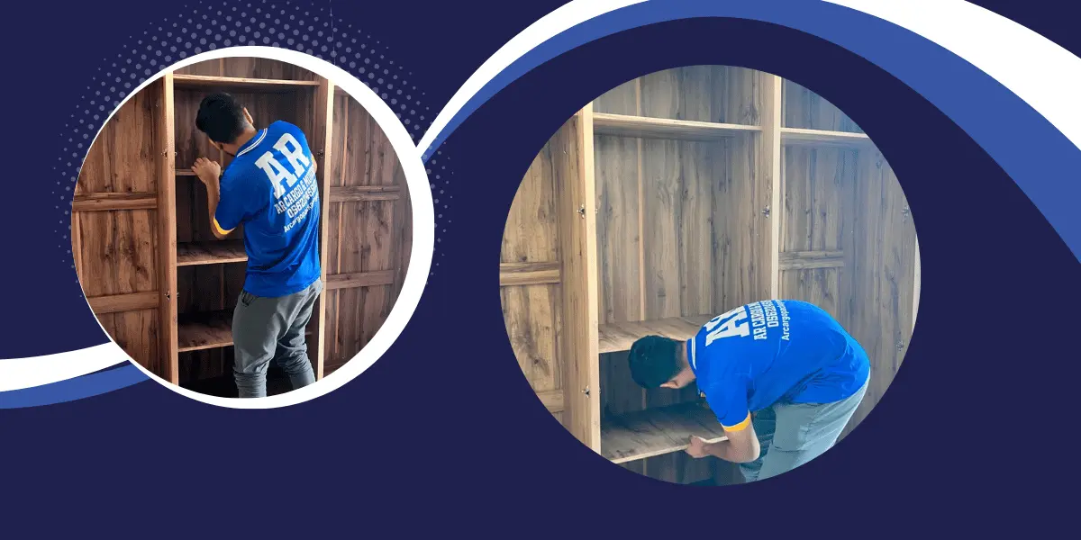 Professional mover from AR Cargo Packaging co assembling a wooden wardrobe during a home relocation service in Dubai.