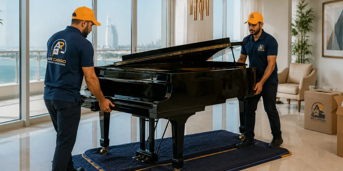 Professional piano movers in Dubai carefully transporting a grand piano using protective moving blankets and safe lifting techniques inside a luxury home.