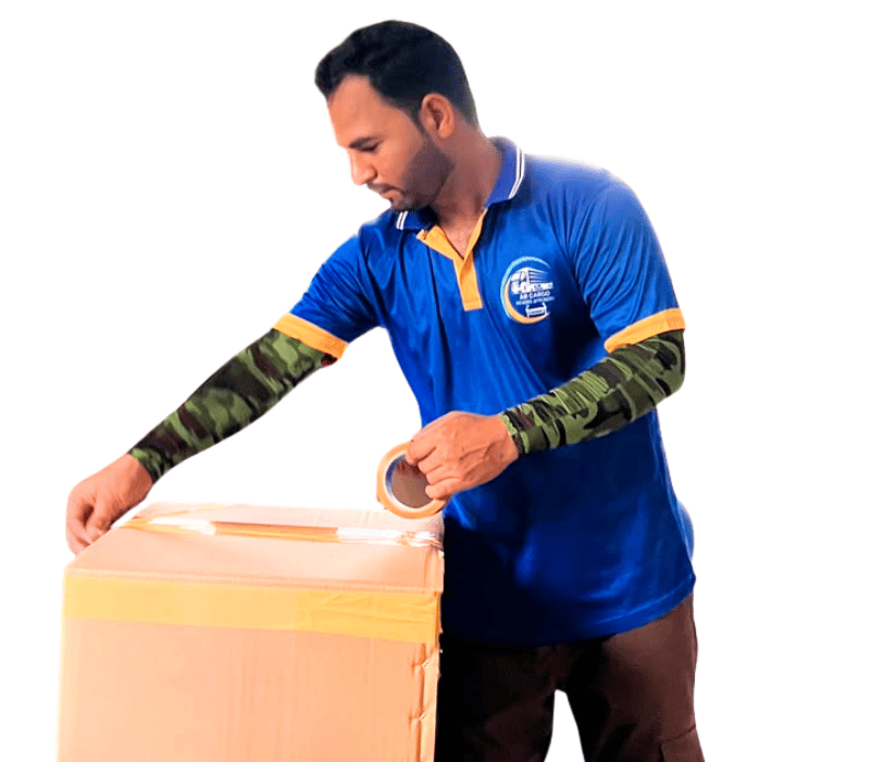 Professional movers in Dubai carefully packing household items with premium packing materials for a safe and secure relocation.