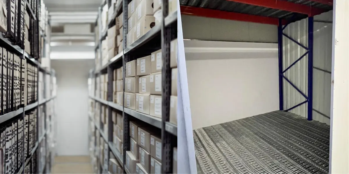 Modern warehouse and storage facility in Dubai production city with organized shelving, secure storage racks, and professional storage space for household and commercial belongings.